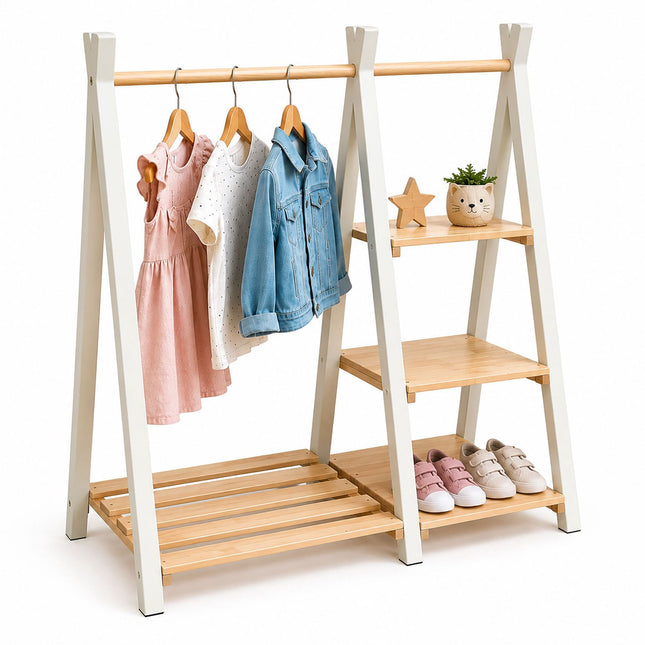 Kinderkledingrek van grenenhout met plank, naturel wit