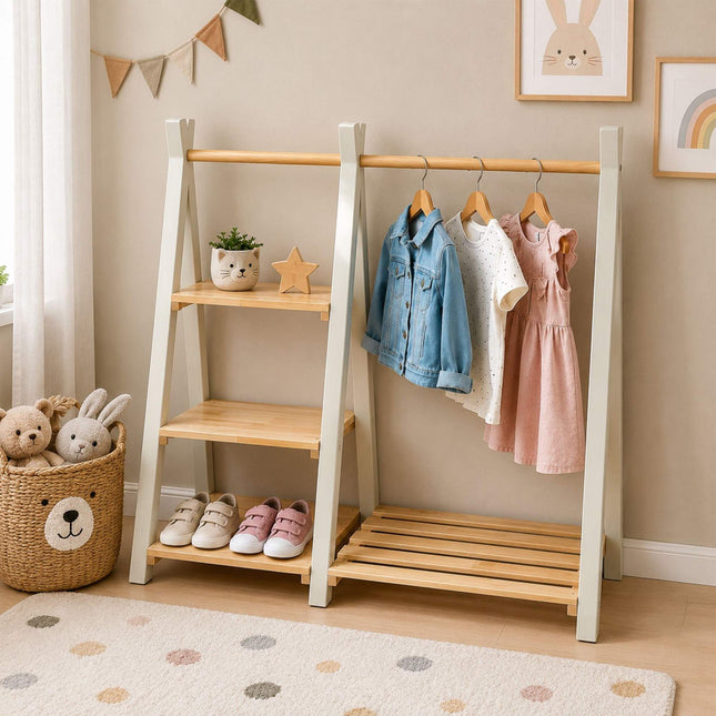 Kinderkledingrek van grenenhout met plank, naturel wit