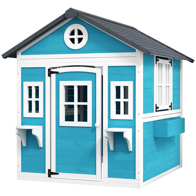 Wooden outdoor playhouse with window and flower shelf for children