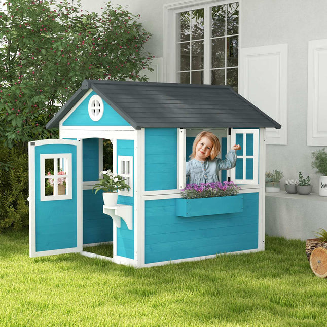 Wooden outdoor playhouse with window and flower shelf for children