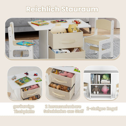 Children's Table Set with 2 Chairs, Storage Baskets, Wood