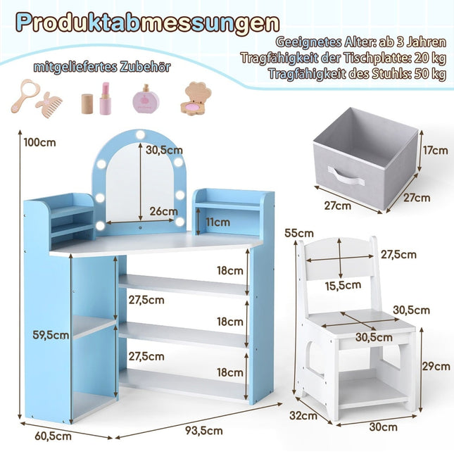 Dětský toaletní stolek se zrcadlem a světly – modrý
