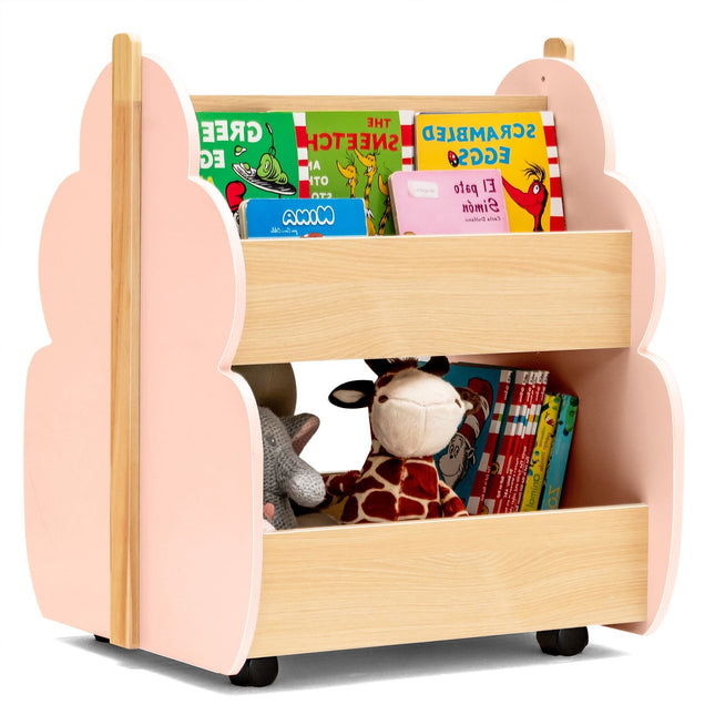 Houten kinderboekenkast op wielen, 2 lagen, roze