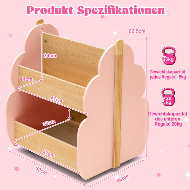 Houten kinderboekenkast op wielen, 2 lagen, roze