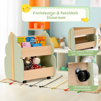 Dětská dřevěná knihovna s kolečky – 2 patra, zelená