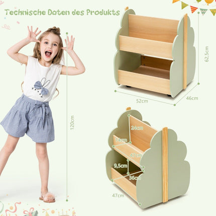 Dětská dřevěná knihovna s kolečky – 2 patra, zelená