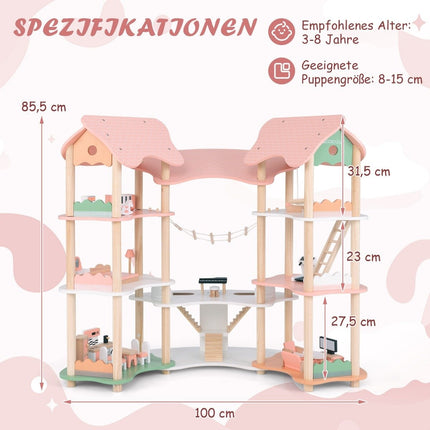 Dětský dřevěný domeček pro panenky s 32 realistickými kusy nábytku a střechami, DIY dům snů