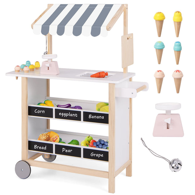Houten ijscowagen voor kinderen met 6 speeltjes en plankjes.