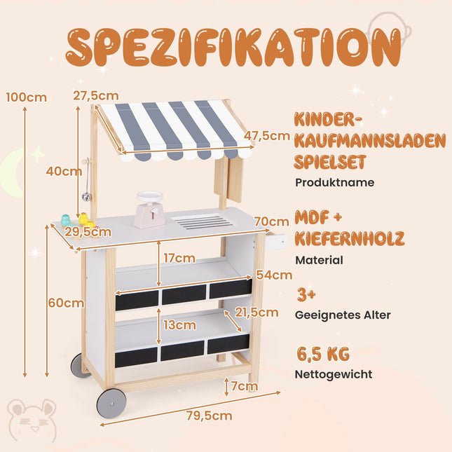Houten ijscowagen voor kinderen met 6 speeltjes en plankjes.