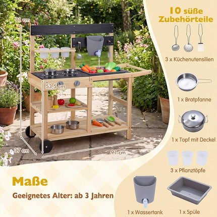 Children's Wooden Mud Kitchen with Wheels and Accessories