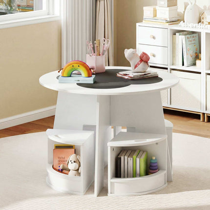 Children's Wooden Table Set with 4 Storage Stools, White