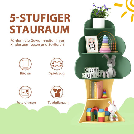 Dětská dřevěná knihovna ve tvaru stromu, 5patrová, zelená