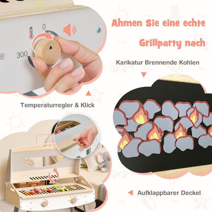 Dětský hrací gril, dřevěná kuchyňka s držákem, 4 grilovací špízy, hrací grilovací sada