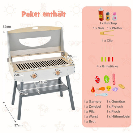 Dětský hrací gril, dřevěná kuchyňka s držákem, 4 grilovací špízy, hrací grilovací sada