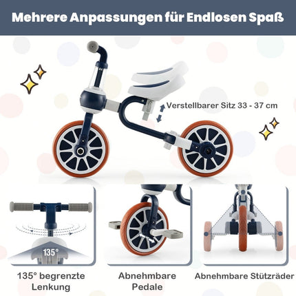 Children's bike 4-in-1 preschool bike with parent push handle 37 x 72 x 101 cm navy