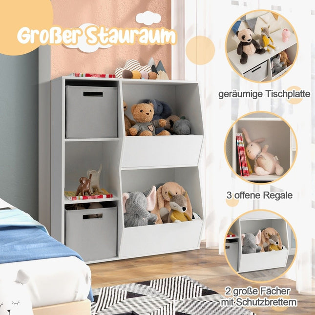 Dětská knihovna 3patrová, dětský regál se 2 boxy a 5 přihrádkami 77 x 29 x 94 cm bílá + šedá