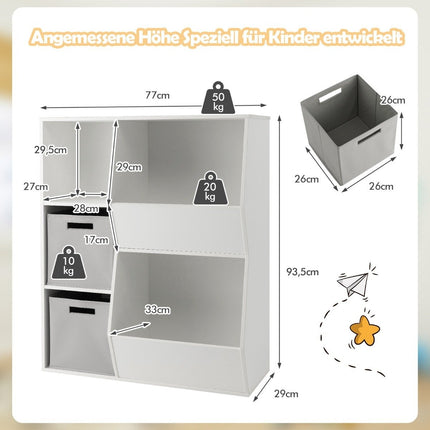 Dětská knihovna 3patrová, dětský regál se 2 boxy a 5 přihrádkami 77 x 29 x 94 cm bílá + šedá