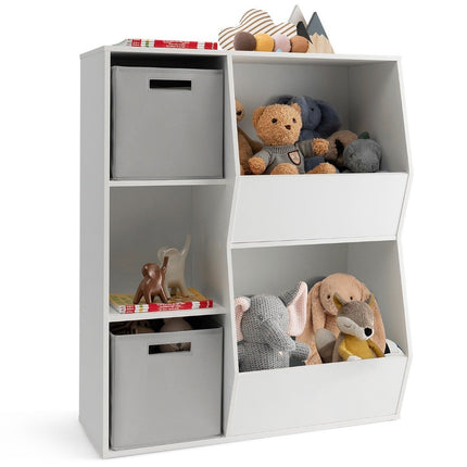 Dětská knihovna 3patrová, dětský regál se 2 boxy a 5 přihrádkami 77 x 29 x 94 cm bílá + šedá