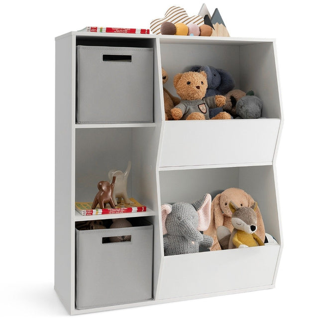 Dětská knihovna 3patrová, dětský regál se 2 boxy a 5 přihrádkami 77 x 29 x 94 cm bílá + šedá