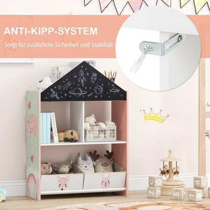 Dětská knihovna s tabulí &amp; 2 boxy &amp; 6 přihrádkami, dětský regál do dětského pokoje, růžová