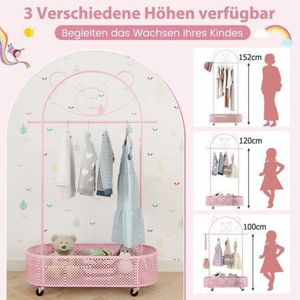Dětský stojan na oblečení, výškově nastavitelný 130cm/150cm/182cm, věšák na kolečkách, růžový