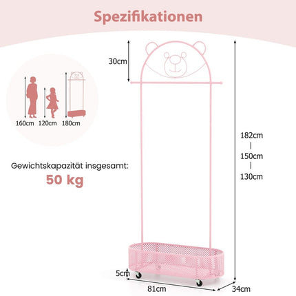Dětský stojan na oblečení, výškově nastavitelný 130cm/150cm/182cm, věšák na kolečkách, růžový