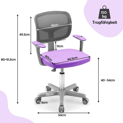Dětská židle k psacímu stolu, otočná 360°, výškově nastavitelná 80-91.5cm, 54 x 50 x 80-91.5cm fialová