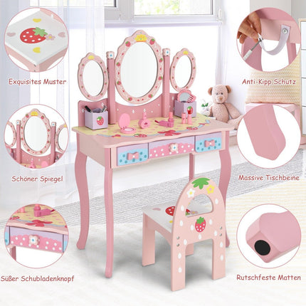 Dětský toaletní stolek, kadeřnický set se zrcadlem 70 x 34 x 105 cm růžový
