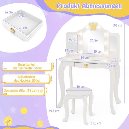 Dětský toaletní stolek s osvětlením, dívčí stolek s trojdílným zrcadlem, bílý