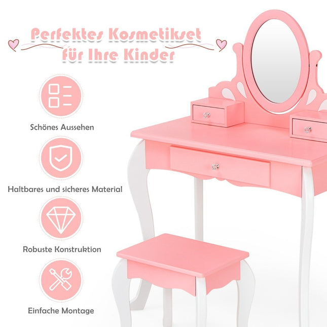 Dětský toaletní stolek se stoličkou, princeznovský stolek se 3 zásuvkami a zrcadlem, růžový