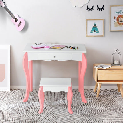 Dětský toaletní stolek se stoličkou, princeznovský stolek se 3 zásuvkami a zrcadlem, bílý