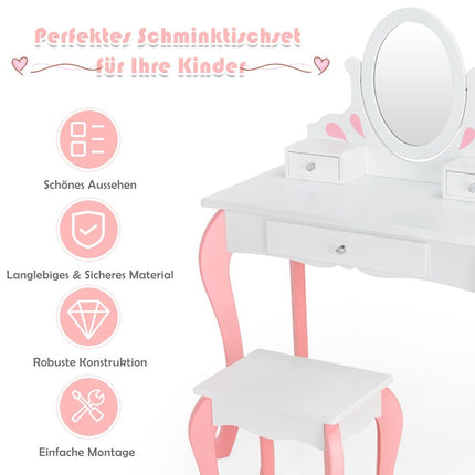 Dětský toaletní stolek se stoličkou, princeznovský stolek se 3 zásuvkami a zrcadlem, bílý