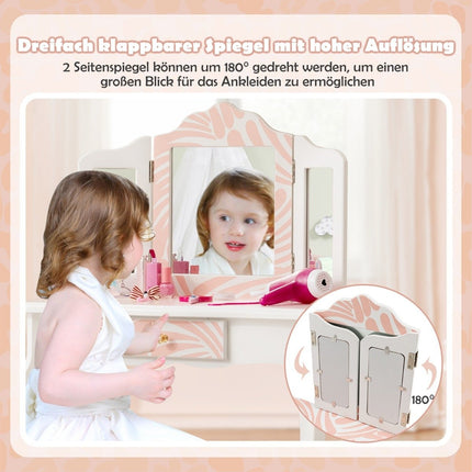 Children's dressing table with stool & triple folding mirror & drawer Zebra