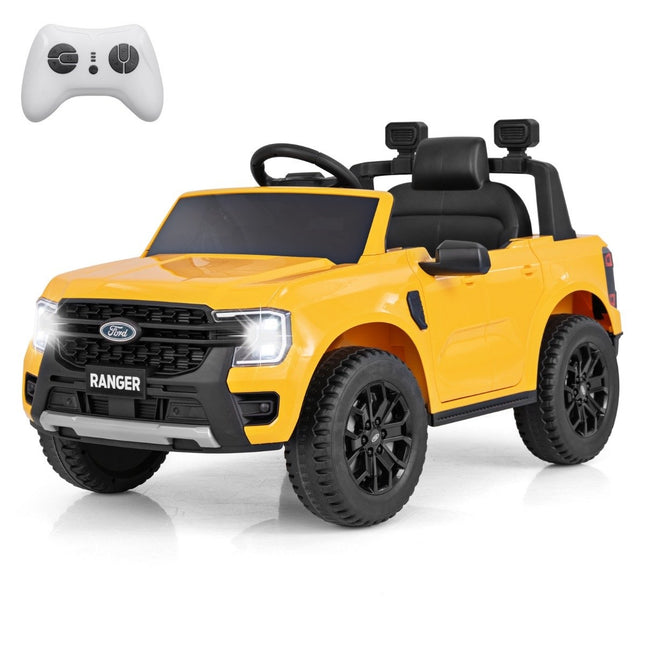 Dětské elektrické auto Ford 12V s dálkovým ovládáním, úložným košíkem, USB a hudbou, žluté