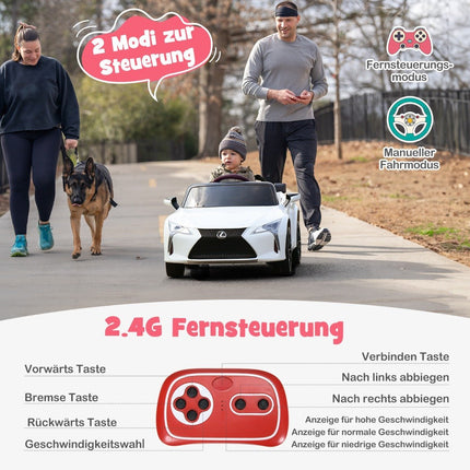 Dětské elektrické auto s 2.4G dálkovým ovládáním, LED světly a hudbou, Lexus LC500, dětské vozítko, bílé