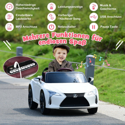 Dětské elektrické auto s 2.4G dálkovým ovládáním, LED světly a hudbou, Lexus LC500, dětské vozítko, bílé
