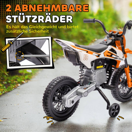 Elektrická motorka pro děti, 12V, hudba, přídavná kolečka, oranžová