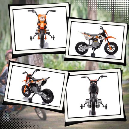 Elektrická motorka pro děti, 12V, hudba, přídavná kolečka, oranžová
