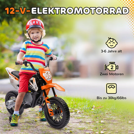 Elektrická motorka pro děti, 12V, hudba, přídavná kolečka, oranžová