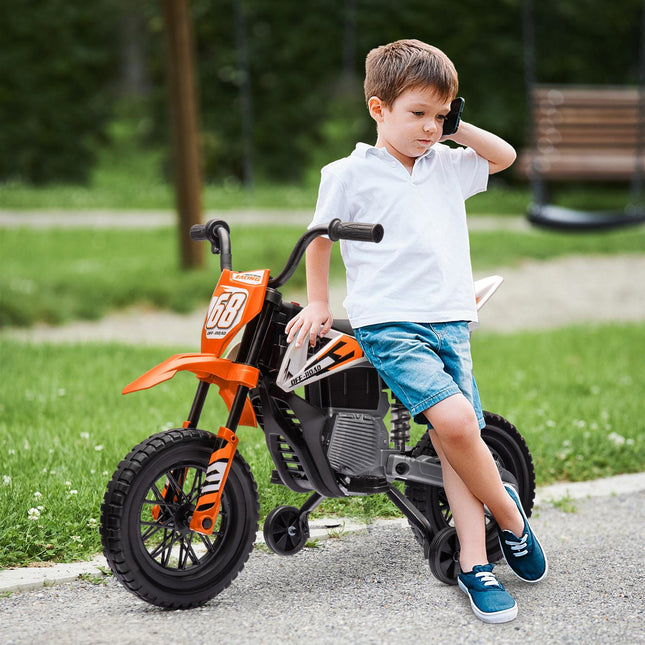 Elektrická motorka pro děti, 12V, hudba, přídavná kolečka, oranžová