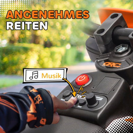 Elektrická motorka pro děti, 12V, hudba, přídavná kolečka, oranžová