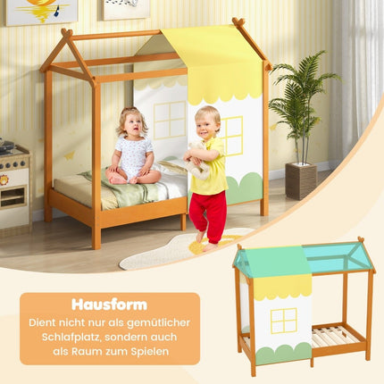 Dětská domečková postel se stříškou, odnímatelným baldachýnem a 12 lamelami z masivu, nízký rám