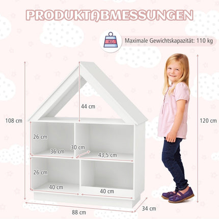 Children's house-shaped bookcase, wooden children's shelf with 5 compartments, 88 x 34 x 108 cm, white