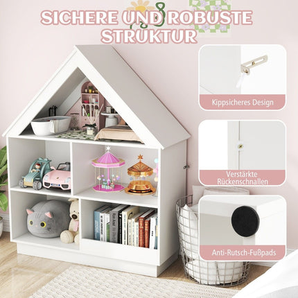 Children's house-shaped bookcase, wooden children's shelf with 5 compartments, 88 x 34 x 108 cm, white