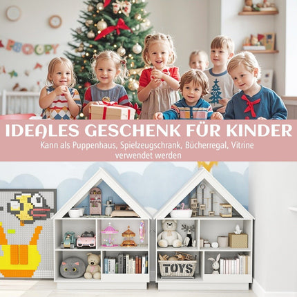 Children's house-shaped bookcase, wooden children's shelf with 5 compartments, 88 x 34 x 108 cm, white