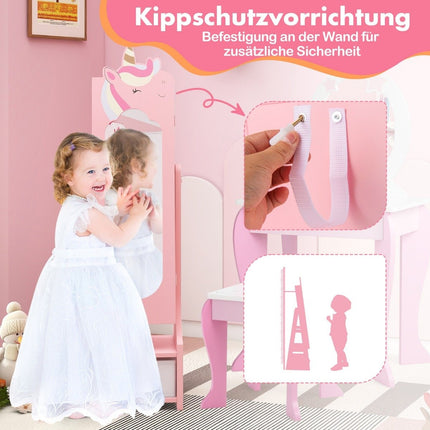 Dětská šperkovnice 2v1, sklopná zrcadlová skříňka s celopostavovým zrcadlem, růžová
