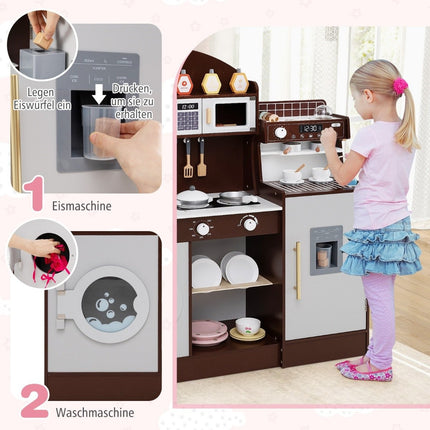 Children's kitchen with 27 accessories, wooden play kitchen with clock, microwave, brown