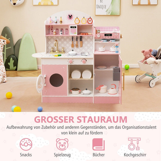 Children's kitchen with 27 accessories, wooden play kitchen with clock, microwave, pink