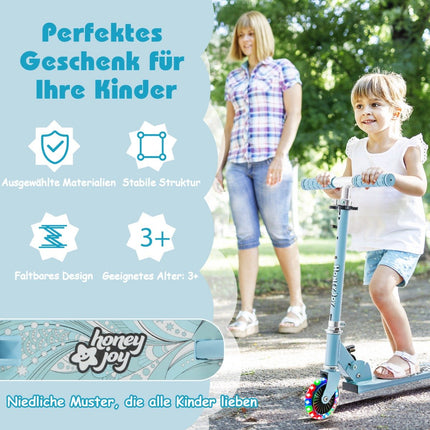 Dětská koloběžka s LED kolečky a sklopnými řídítky, výškově nastavitelná, světle modrá