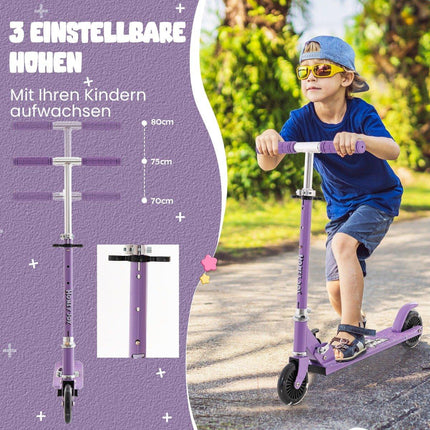 Dětská koloběžka s LED kolečky, výškově nastavitelná, městská koloběžka, fialová
